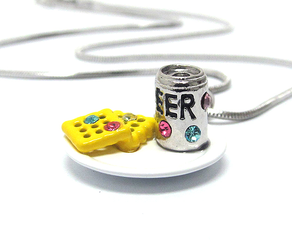 Made in korea whitegold plating and metal epoxy crystal stud two miniature cookie with beer can pendant necklace