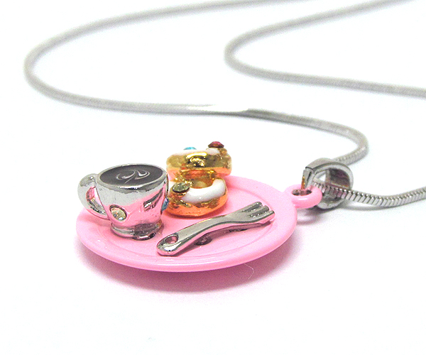 WHITEGOLD PLATING CRYSTAL STUD EPOXY TWO MINIATURE DONUT AND COFFE CUP PENDANT NECKLACE