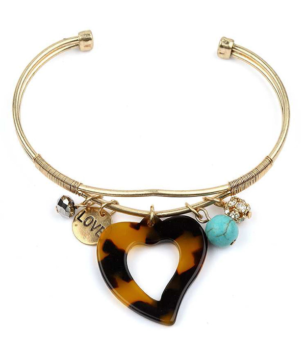 RESIN TORTOISE HEART CHARM WIRE BANGLE BRACELET