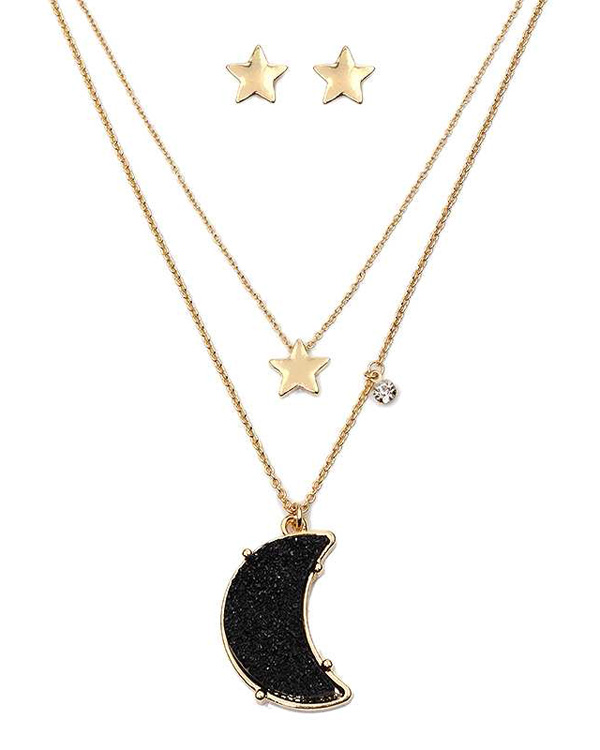Druzy moon and star double layer necklace set