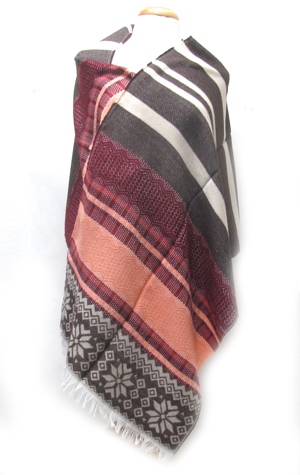 Stripe and snowflake fringe end blanket scarf or shawl