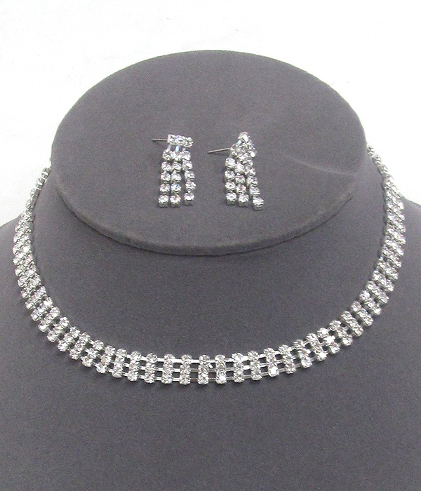 Triple line rhinestone choker necklace set