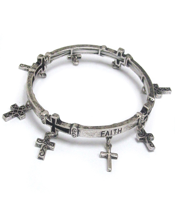 Religious inspiration cross charm and message on side stretch bracelet - faith
