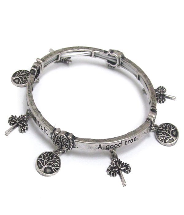 Religious inspiration tree of life charm and message on side stretch bracelet - matthew 7:18
