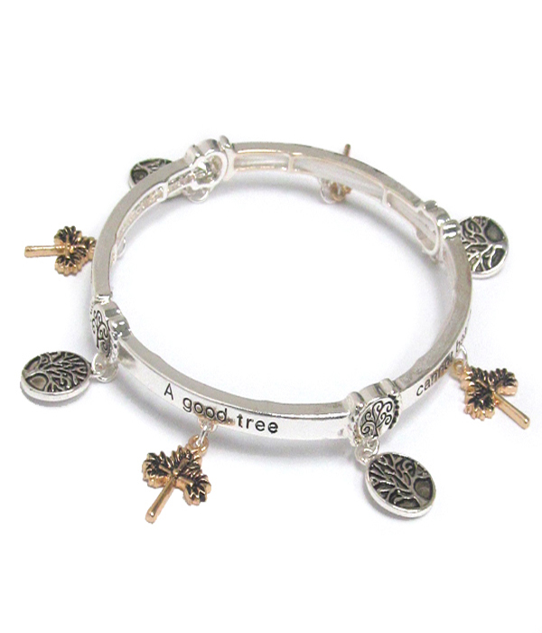 Religious inspiration tree of life charm and message on side stretch bracelet - matthew 7:18