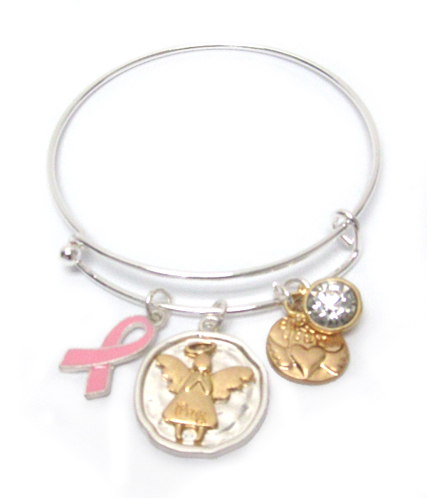 Pink ribbon and angel charm wire bangle bracelet - breast cancer awareness
