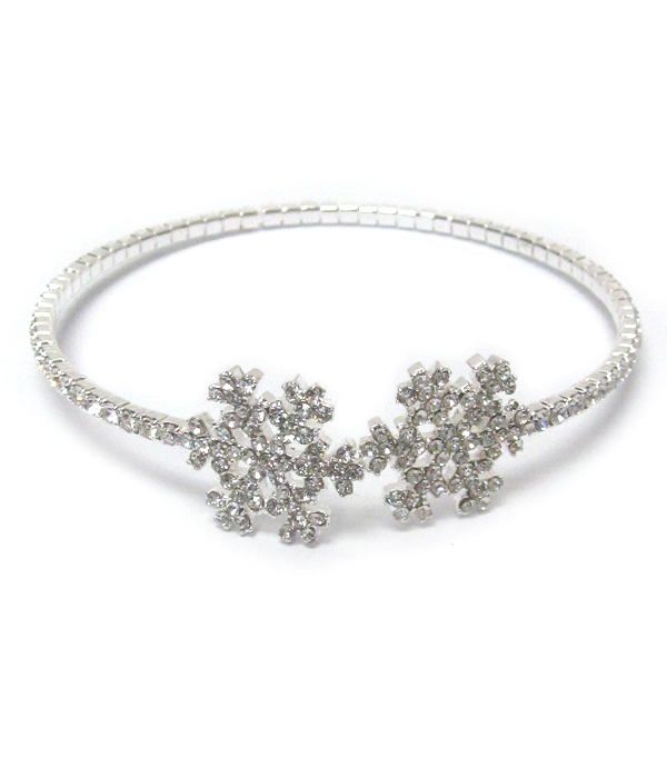 Rhinestone double snowflake memory wire bangle bracelet