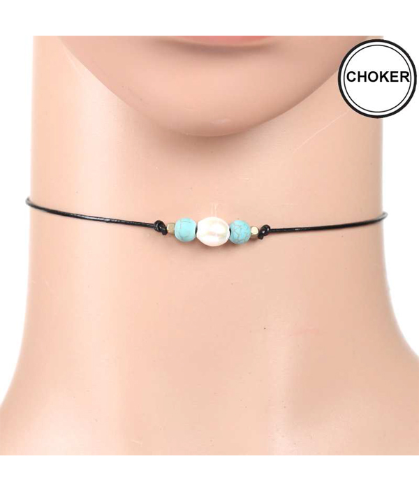 FRESHWATER PEARL LEATHERETTE CORD CHOKER NECKLACE