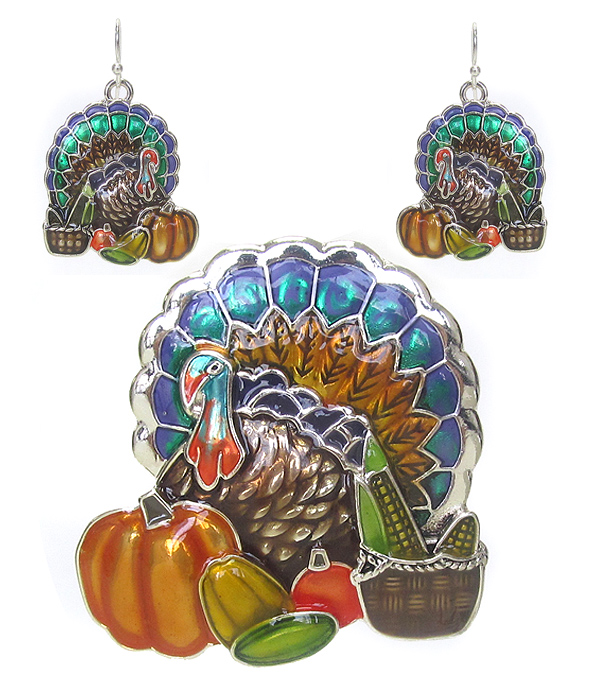 Thanksgiving theme turkey pendant and earring set