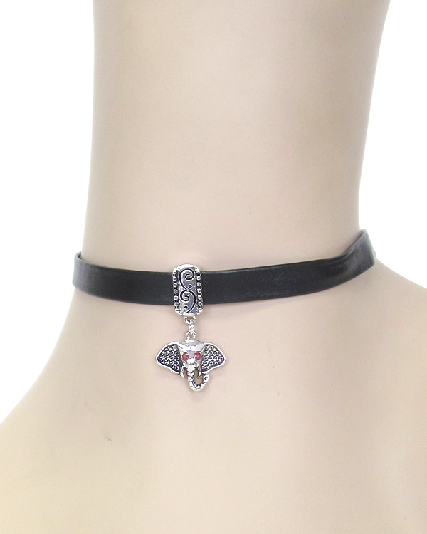 Houndtooth textured elephant charm leatheretter choke necklace