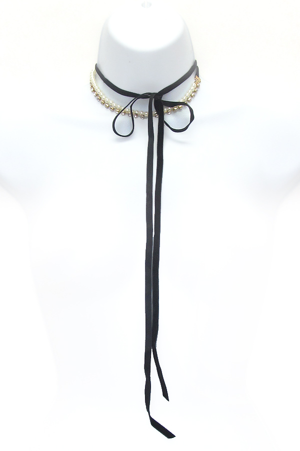Crystal and pearl mix velvet wrap choker necklace