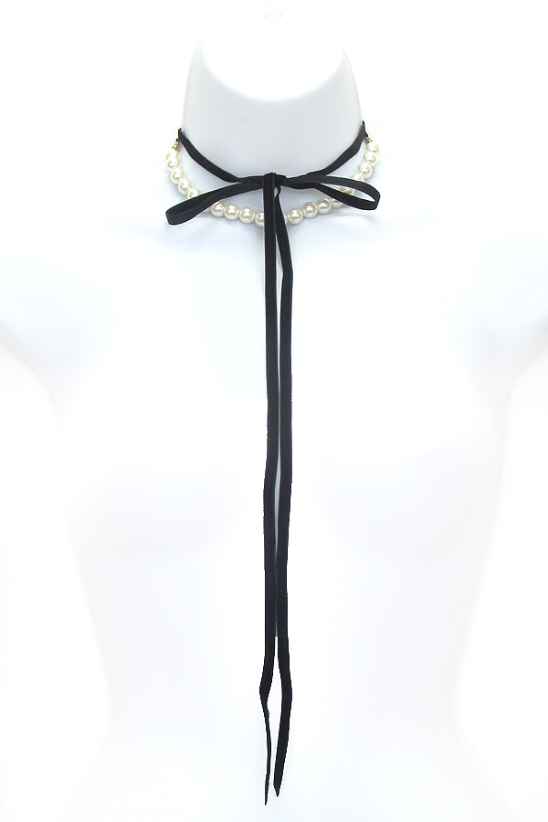 Pearl and velvet wrap choker necklace