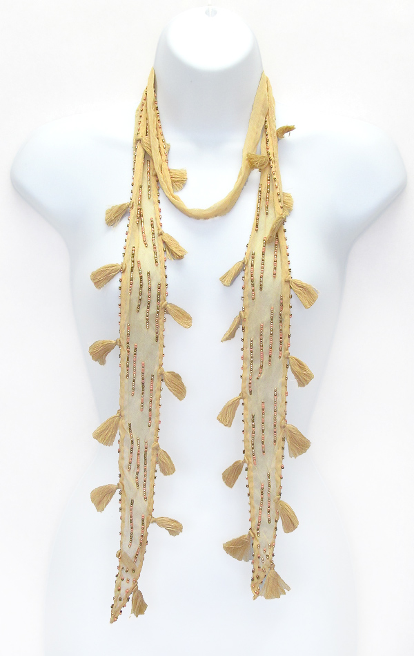 MULTI BEAD EMBROIDERY AND POM SKINNY SCARF