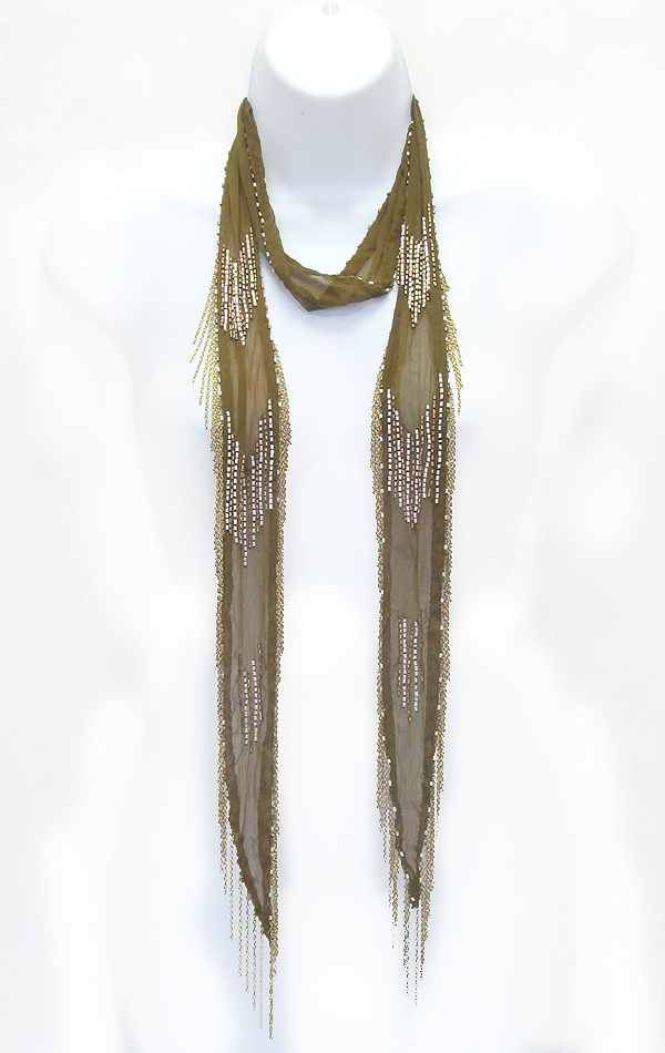 Multi bead embroidery and fine chain drop skinny scarf