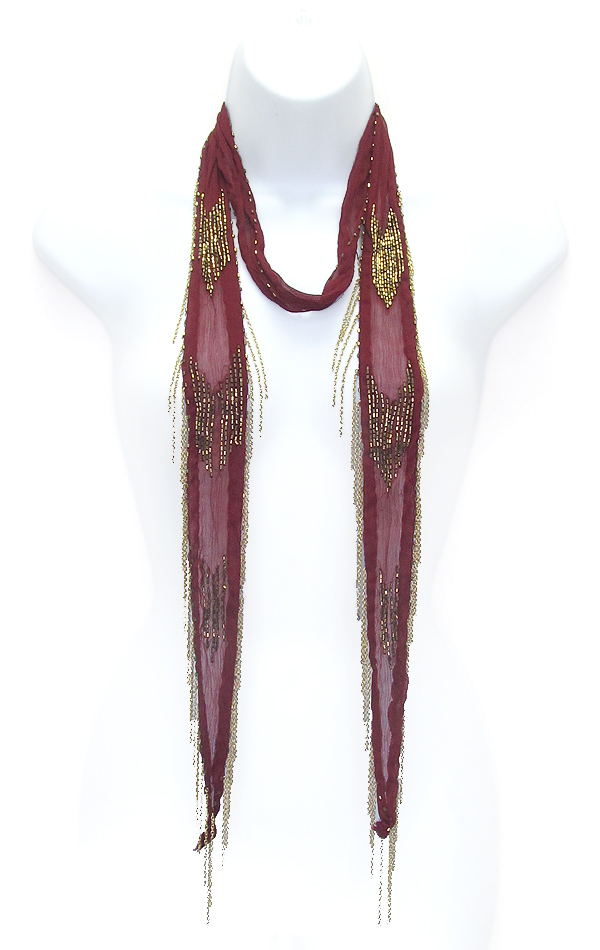 Multi bead embroidery and fine chain drop skinny scarf
