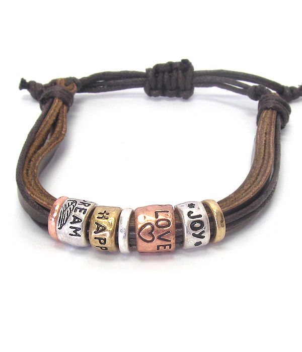 Religious inspiration leatheretter pull tie bracelet - joy love happiness dream