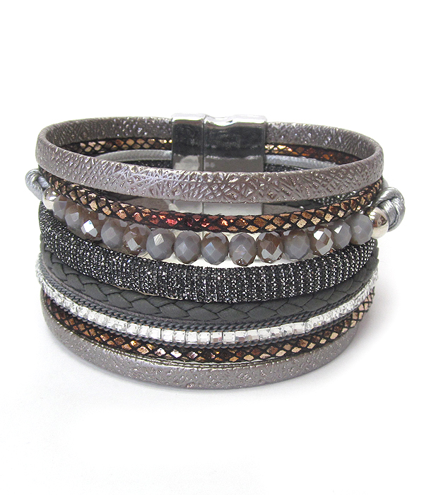 FACET STONE AND MULTI LAYER LEATHER MAGNETIC BRACELET