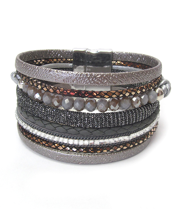 Facet stone and multi layer leather magnetic bracelet
