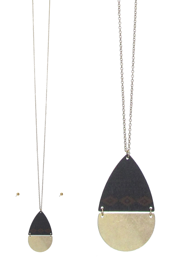 Stamped leather and metal teardrop pendant long necklace set