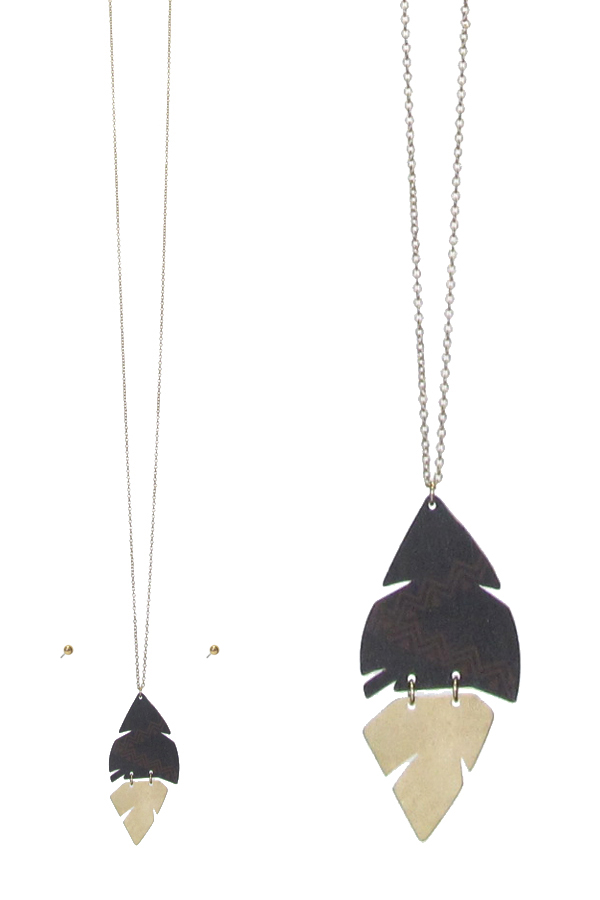 STAMPED LEATHER AND METAL FEATHER PENDANT LONG NECKLACE SET