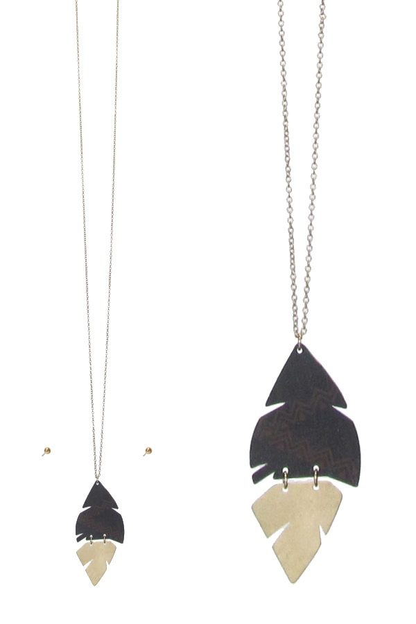 Stamped leather and metal feather pendant long necklace set