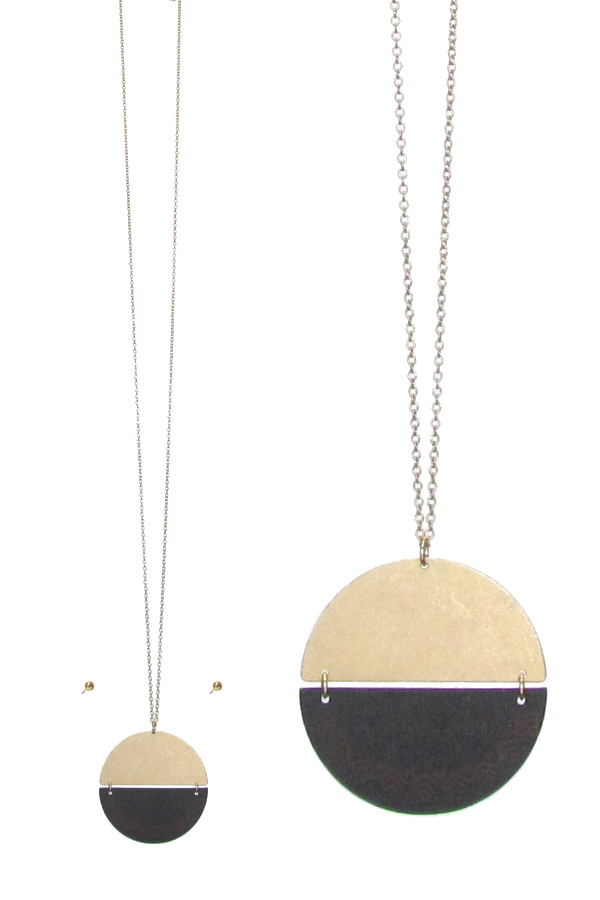 Stamped leather and metal disc pendant long necklace set