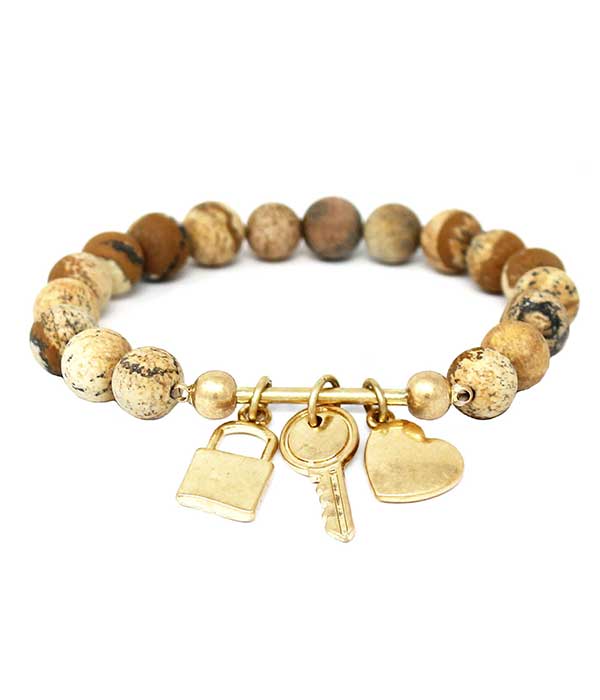 Lock key and heart charm stretch bracelet