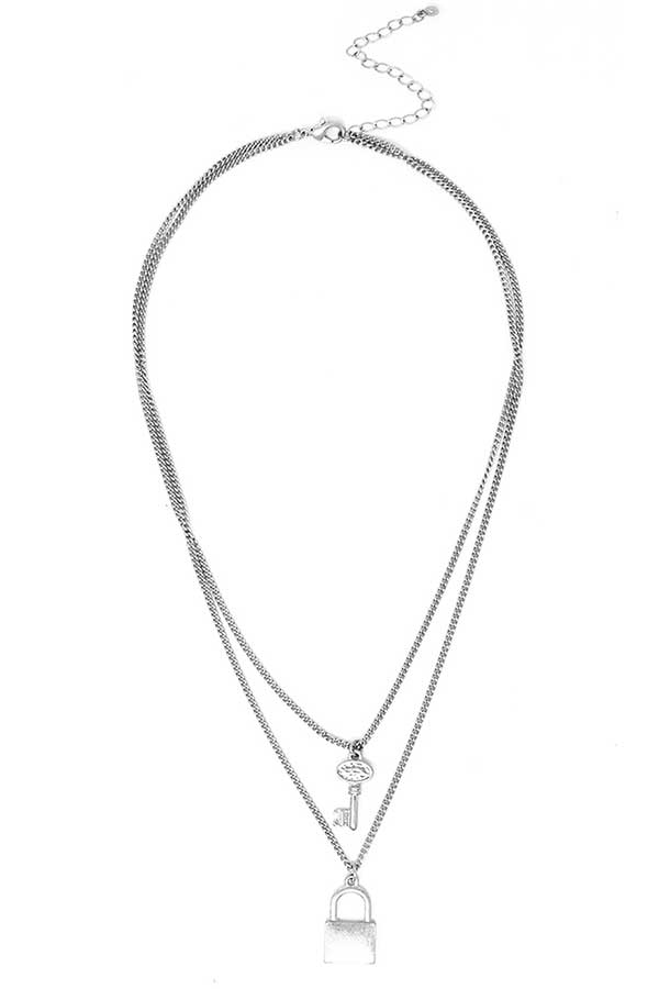 LOCK AND KEY PENDANT DOUBLE LAYER CHAIN NECKLACE