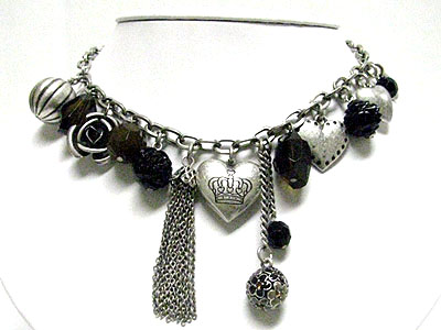 Antique look multi charm and tassel drop necklace