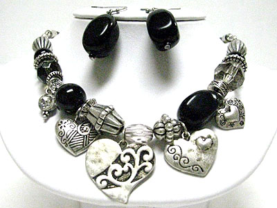 Antique metal multi heart dangle necklace set