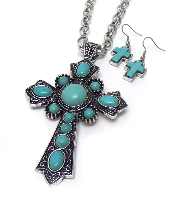 Metal cross with turquoise stone necklace set 