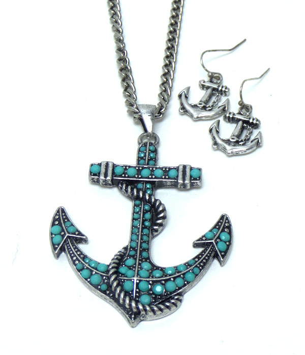 Metal anchor with turquoise stone necklace set 