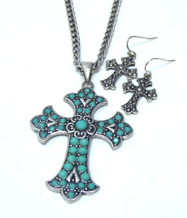 Metal cross with turquoise stone necklace set 