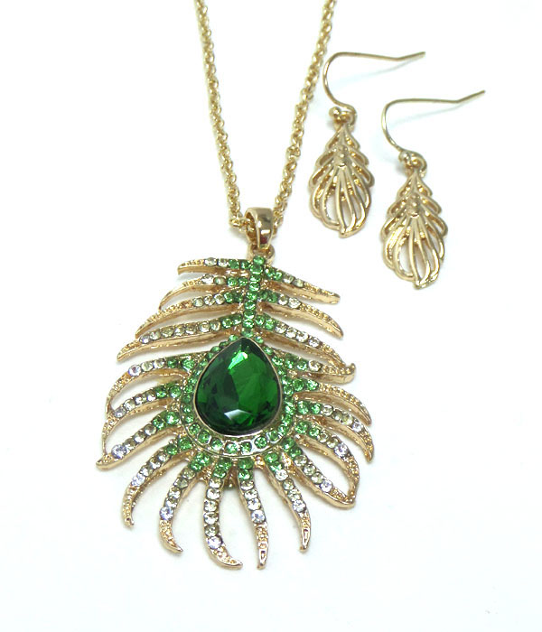 Feather with stone in center and crystals necklace set