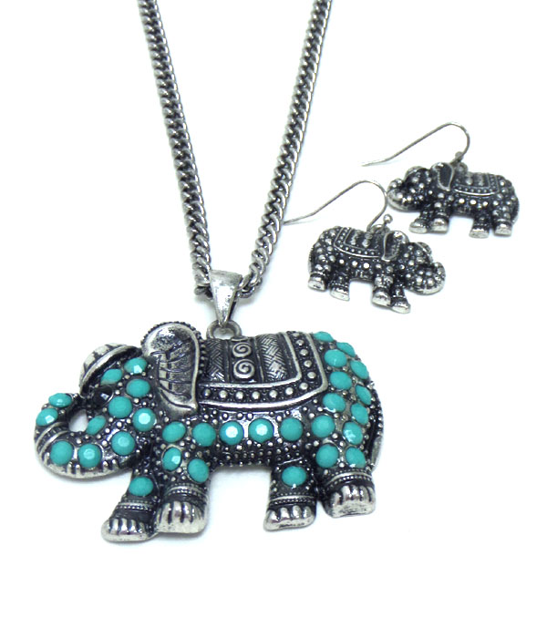 Elephant with small turquoise stones necklace set