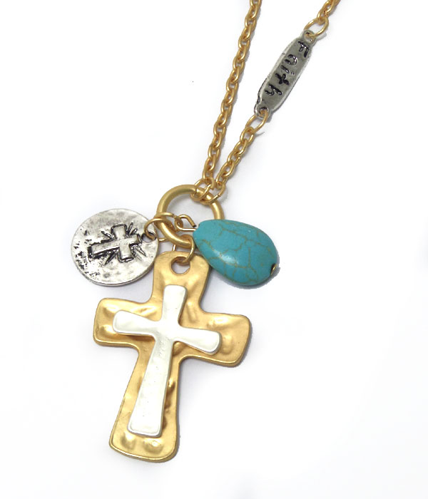 Layer cross with turquoise stone necklace 