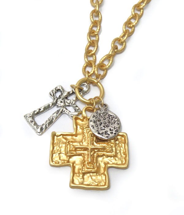 Two textured metal crosses necklace
