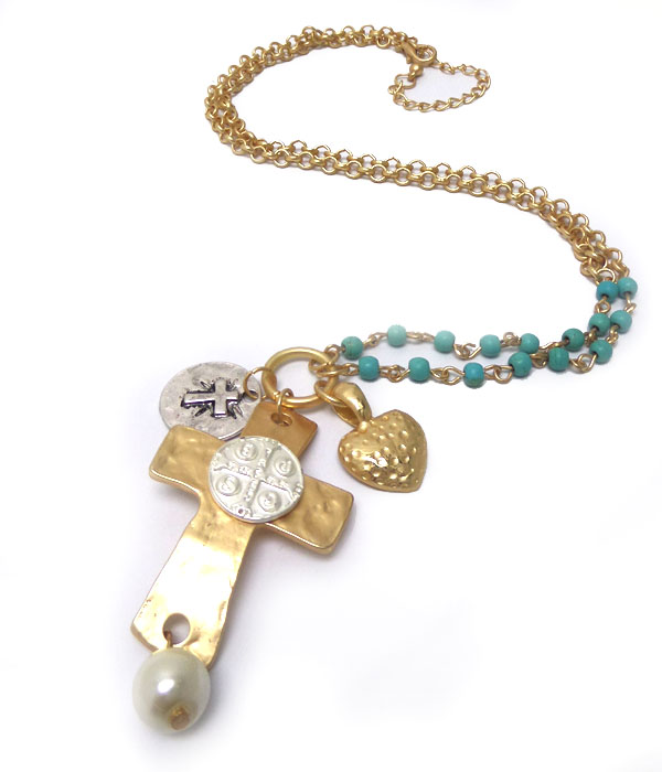 Metal cross with beads and heart cross necklace 