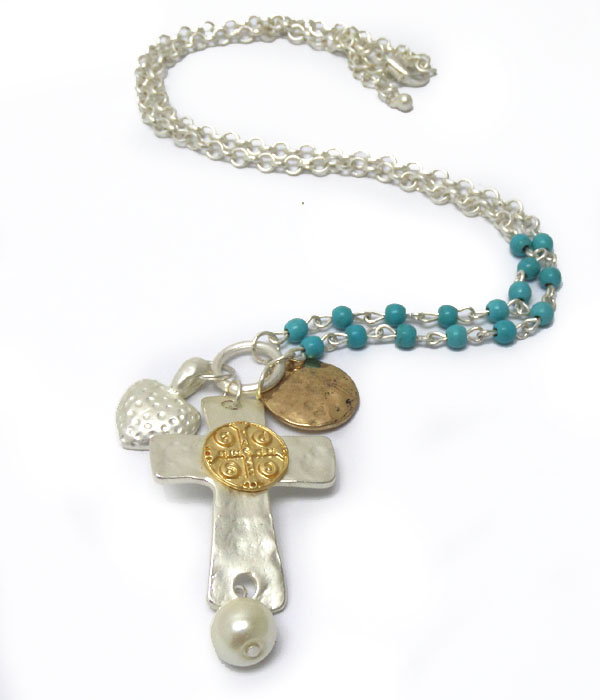Metal cross with beads and heart cross necklace