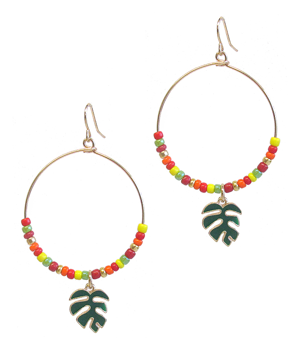 Multi seed bead wire hoop monstera leaf earring