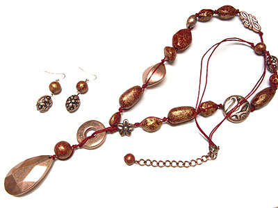 Multi shape patina beads and teardrop necklace and earring set