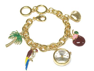 Crystal and enamel deco charms bracelet watch