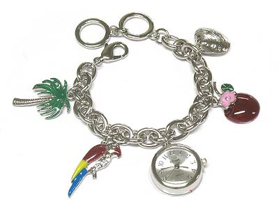 Crystal and enamel deco charms bracelet watch