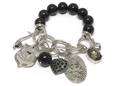 Multi shape charms large chain and pearl bracelet