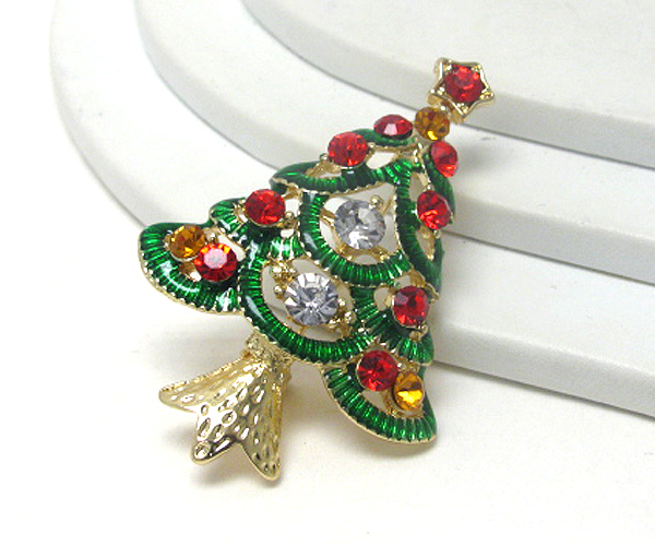 Crystal and epoxy christmas tree brooch