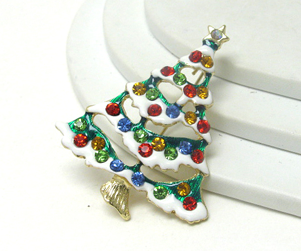 Crystal and epoxy snow covered tree brooch
