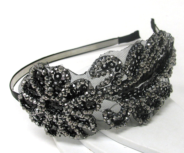 Crystal stud flower on fabric net headband
