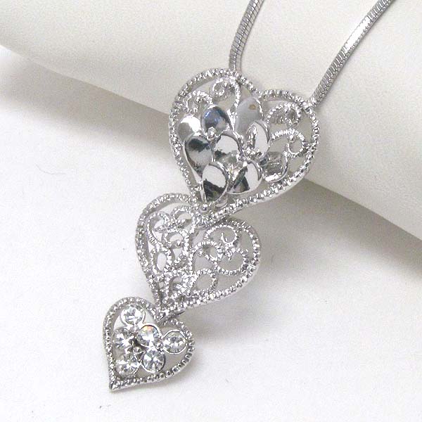 Made in korea whitegold plating crystal and metal filigree triple heart drop necklace