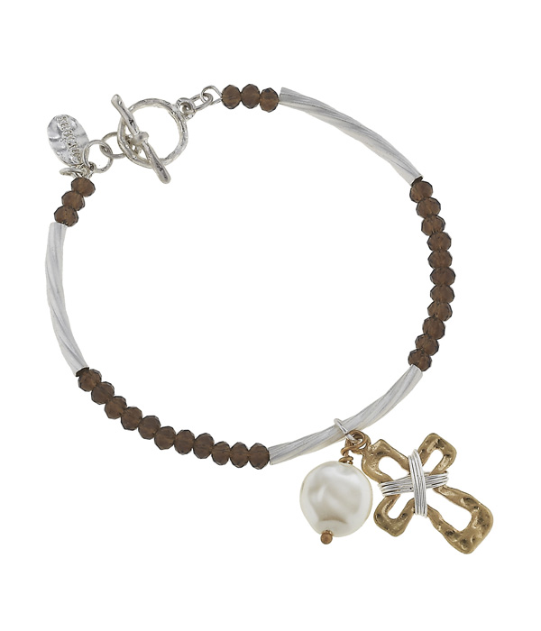 Handmade cross charm and bead toggle braclet