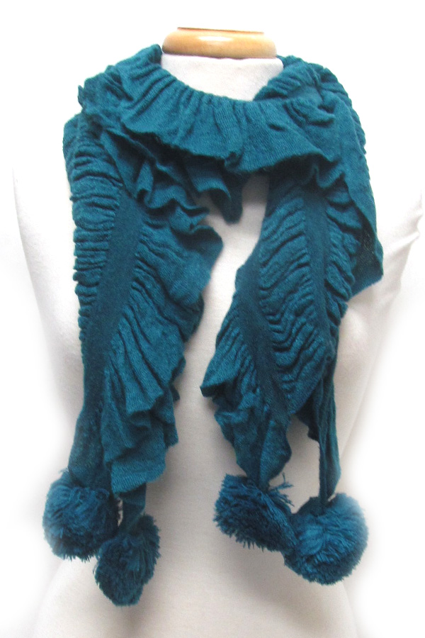 Crinckled fur pom pom drop scarf